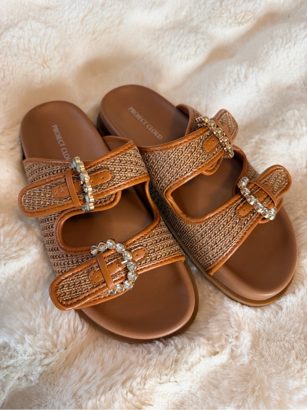 Project Cloud Brown Raffia Slide Sandals with Crystal Buckles size 7